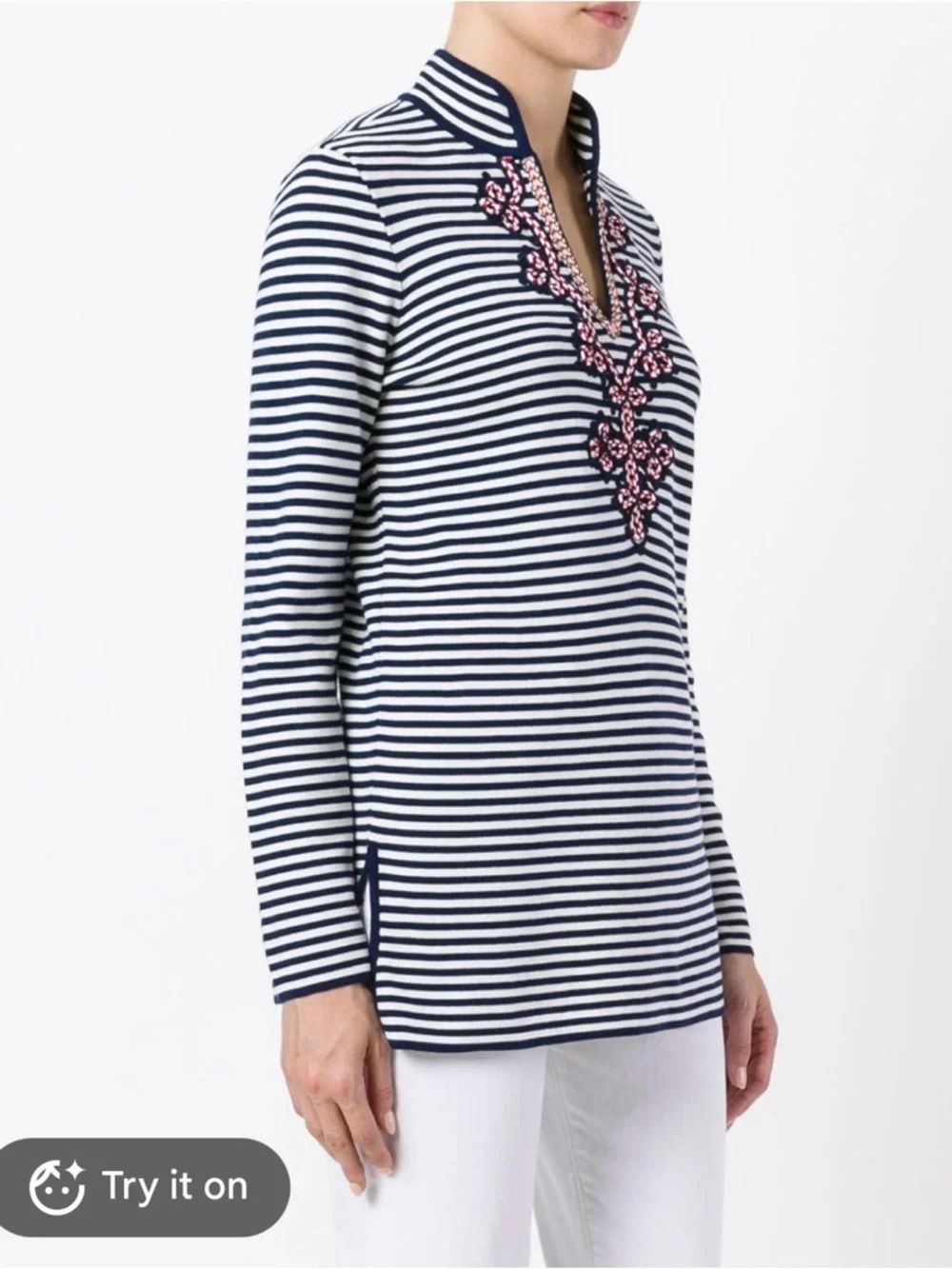 Tory Burch Katama Striped Knit Tunic Top Navy White Cotton Nautical Sz S